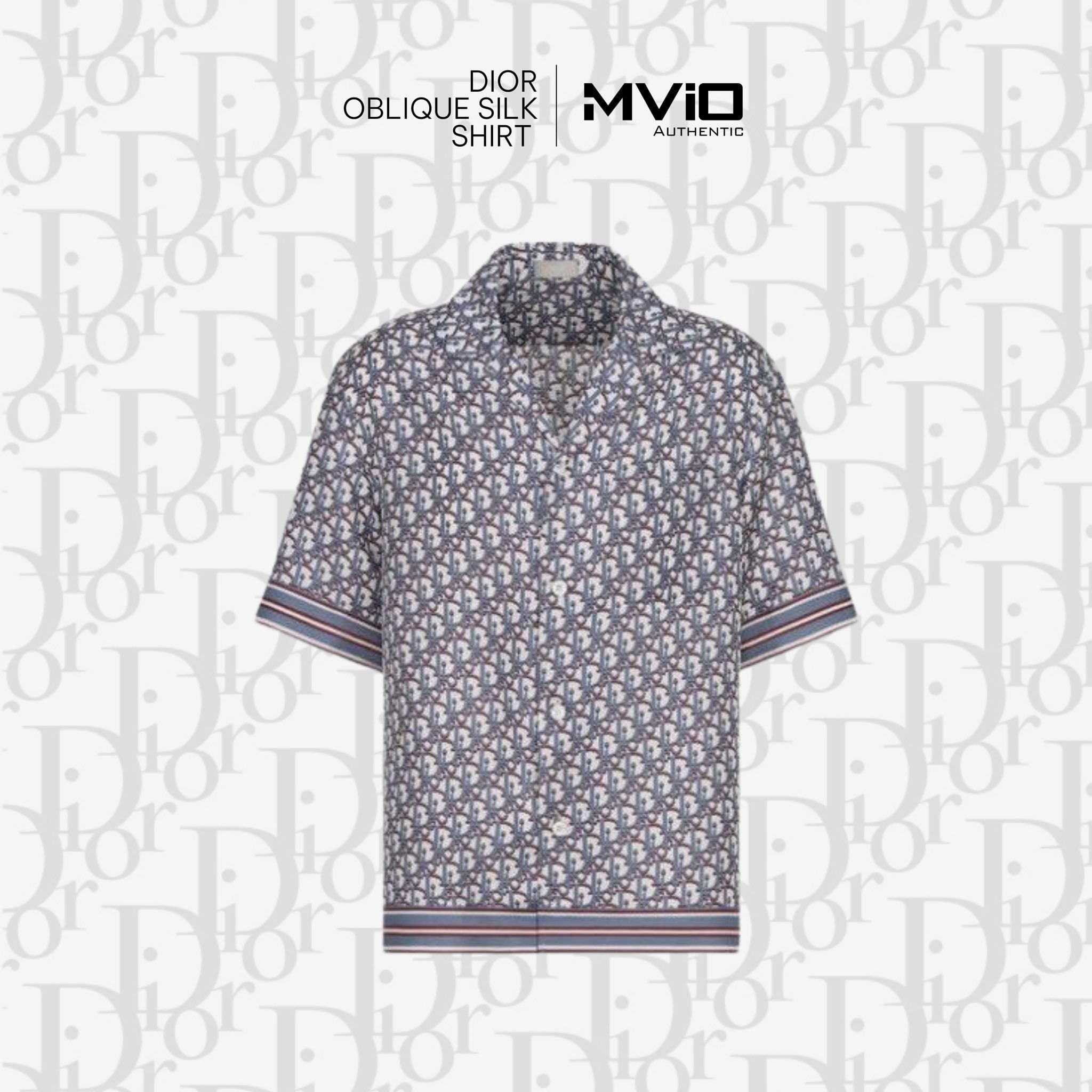  Sơ Mi Dior Cộc Tay Lụa Vân Oblique Xanh 113C519A4751 014 