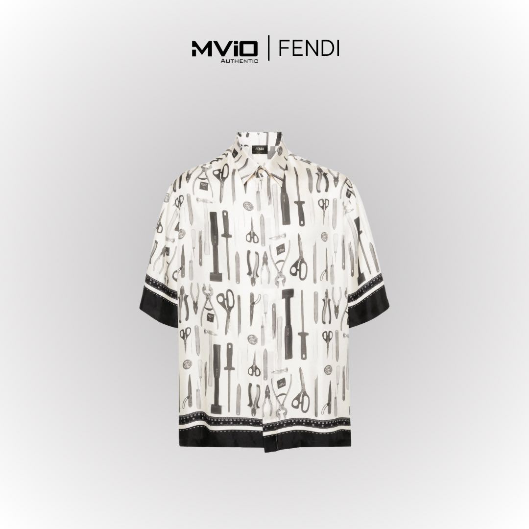  Sơ Mi Fendi Cộc Tay Lụa Be Hoạ Tiết FS0966AR65 F1MTG 