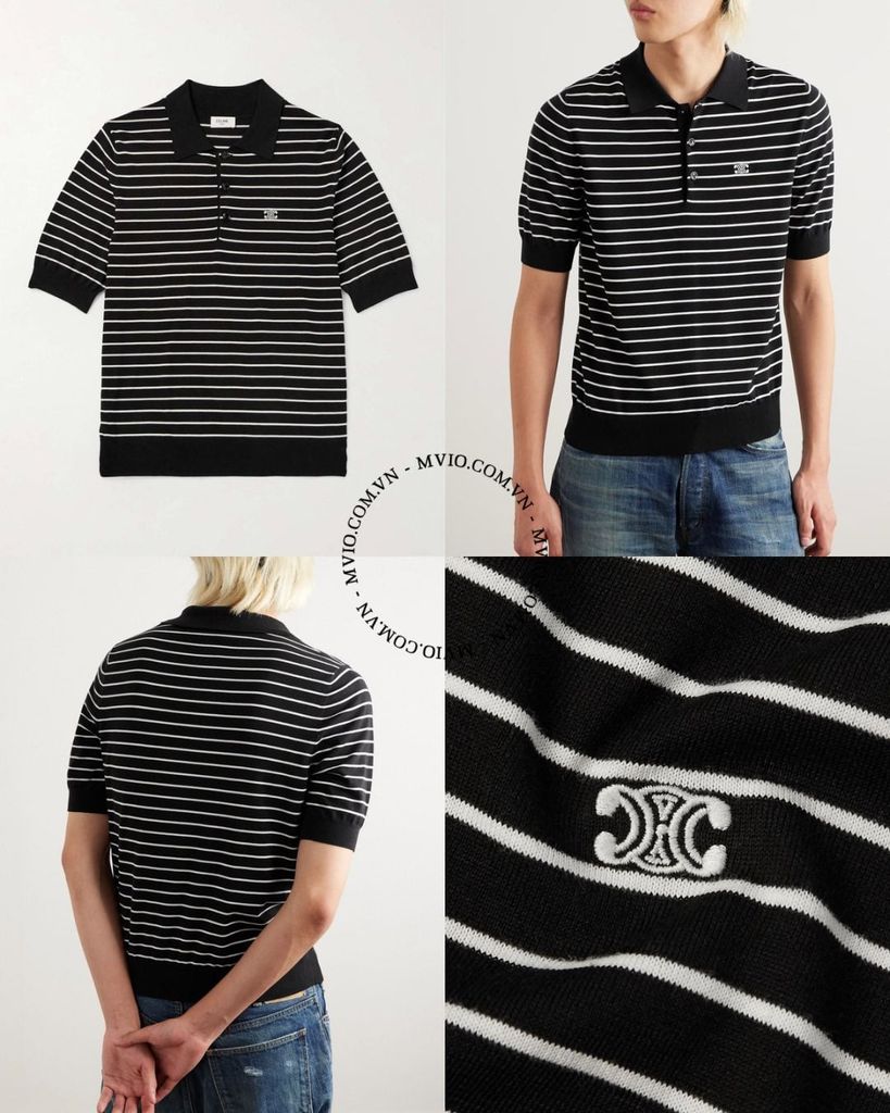  Polo Celine Đen Kẻ Trắng Logo Nhỏ 2ADCT367Y38EC 