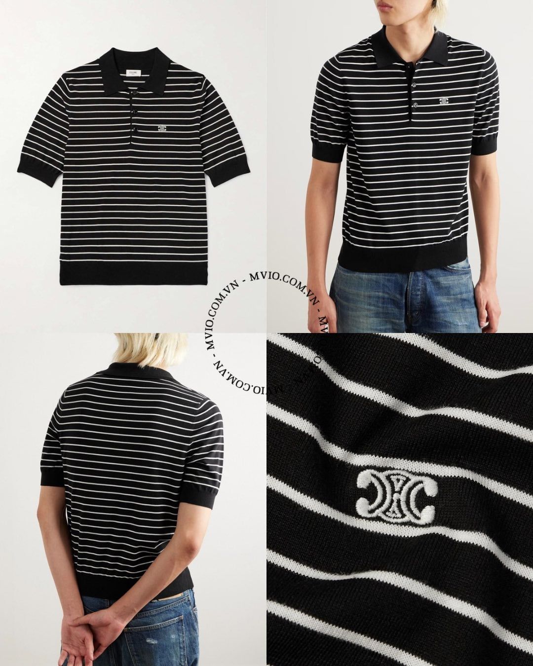  Polo Celine Đen Kẻ Trắng Logo Nhỏ 2ADCT367Y38EC 