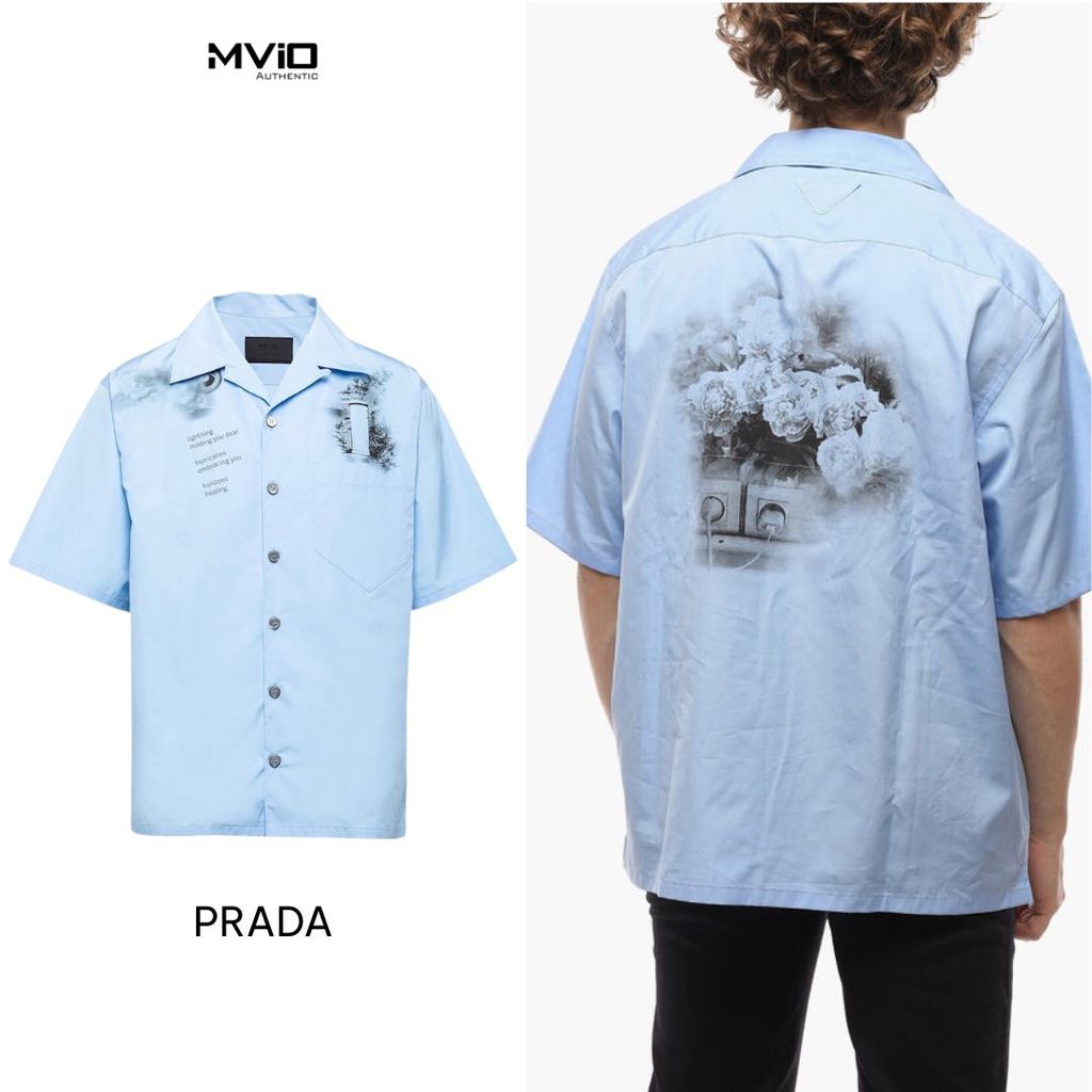  Sơ Mi Prada Cộc Tay Xanh Nhạt Hoạ Tiết Trước Sau USC414 CELESTE 