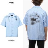  Sơ Mi Prada Cộc Tay Xanh Nhạt Hoạ Tiết Trước Sau USC414 CELESTE 