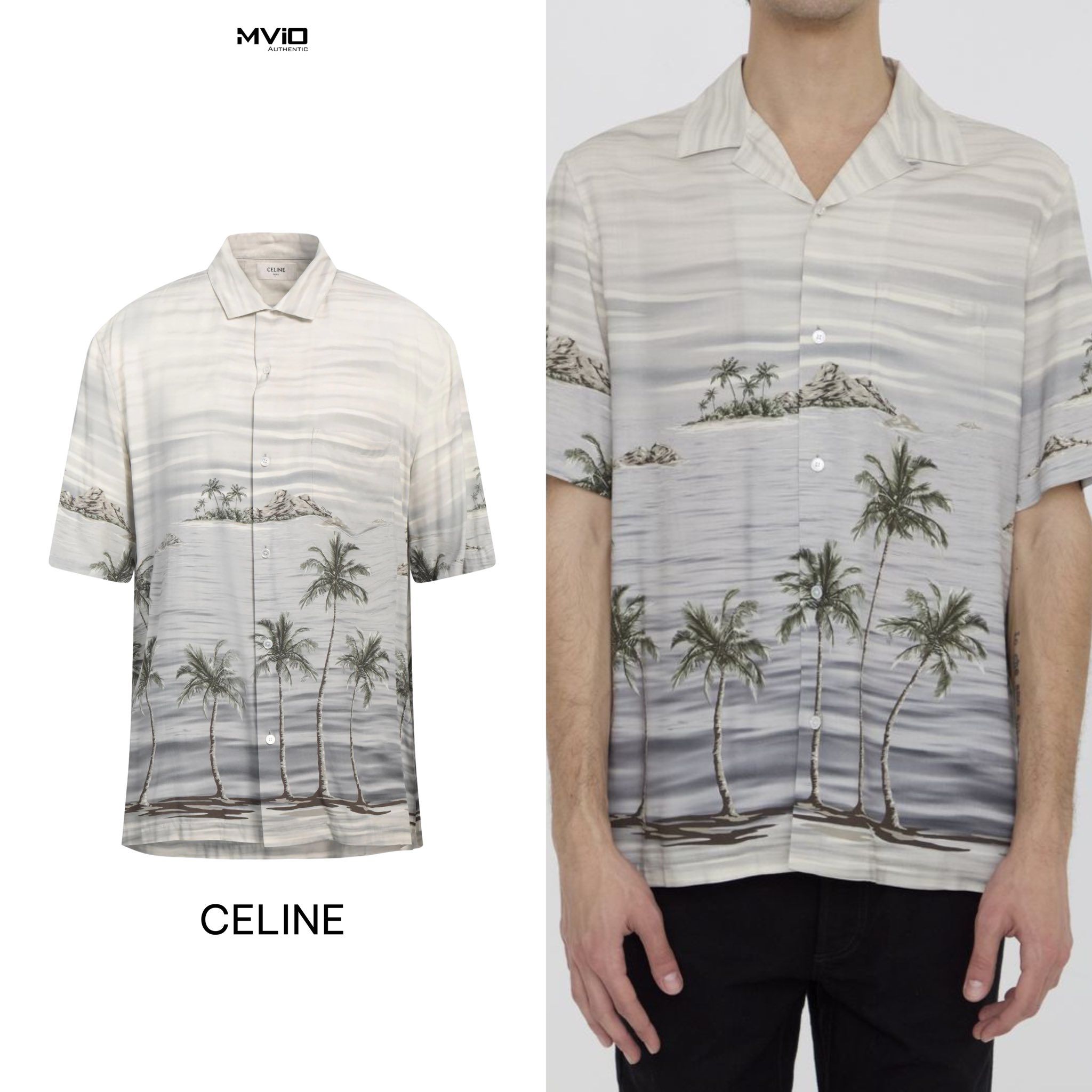  Sơ Mi Celine Cộc Tay Trắng Ngà Cây Dừa Xanh 2C946158Y 01SE 