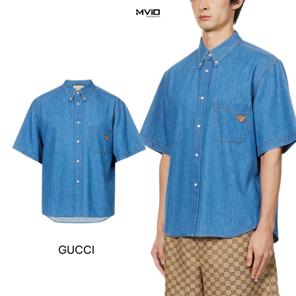  Sơ Mi Gucci Denim Xanh Logo Túi 753112 XDCNE 