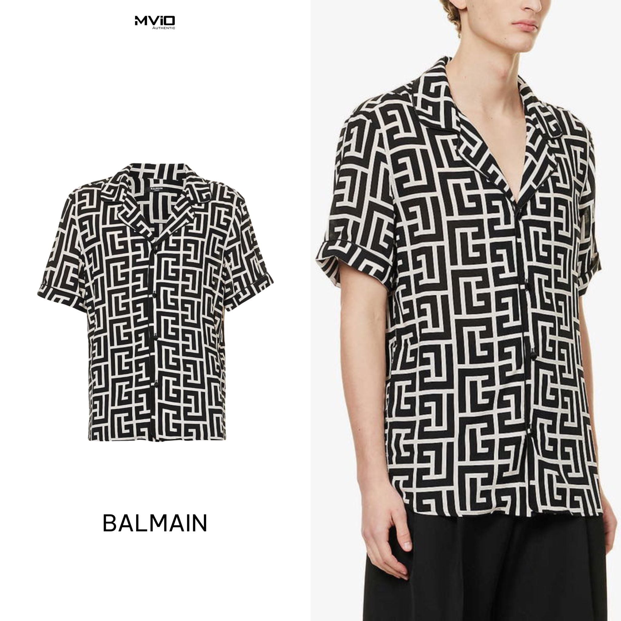  Sơ Mi Balmain Cộc Tay Viscose Đen Hoạ Tiết Trắng CH1HN011VD01GFE 