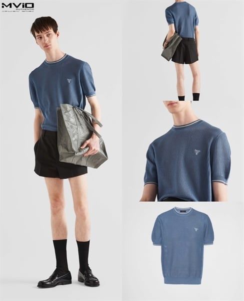  Phông Prada Xanh Blue Dệt Kim Tag Thêu Ngực UBM561 S232 13B0 