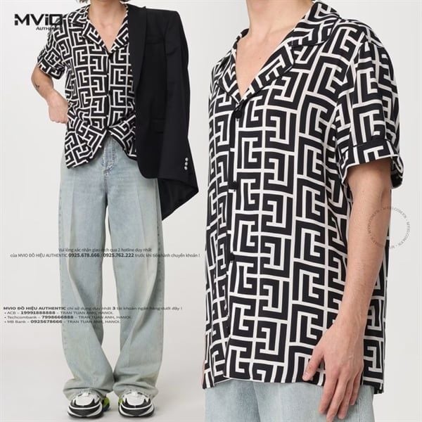  Sơ Mi Balmain Cộc Tay Viscose Đen Hoạ Tiết Trắng CH1HN011VD01GFE 