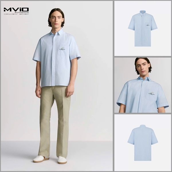  Sơ Mi Dior Cộc Tay Xanh Kẻ Túi Thêu Hoạ Tiết 493C521B3040 C575 