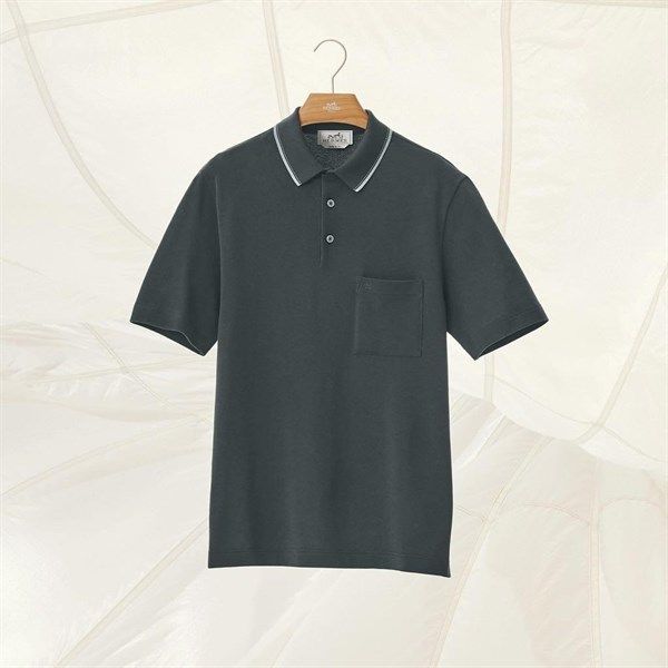 Polo Hermes Xanh Rêu Cổ Viền Xám 257860Ha06Hm 