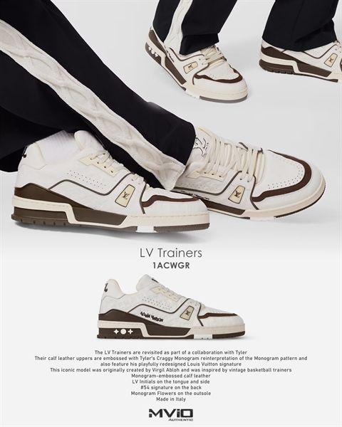  Sneaker Louis Vuitton Trắng Vân Monogram Viền Nâu 1ACWGR 