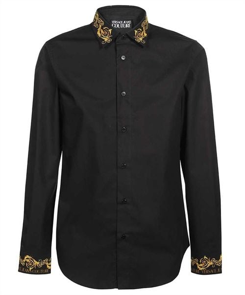 Sơ Mi Versace Đen Dài Tay Cổ Viền Hoạ Tiết Vàng 74GAL2S1 