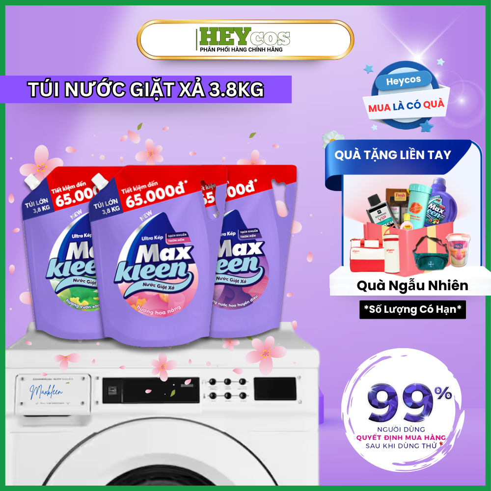 Túi Nước Giặt Xả MaxKleen 3.8kg Hương Nước hoa huyền diệu/ Hoa nắng/ Vườn sớm mai | HEYCOS