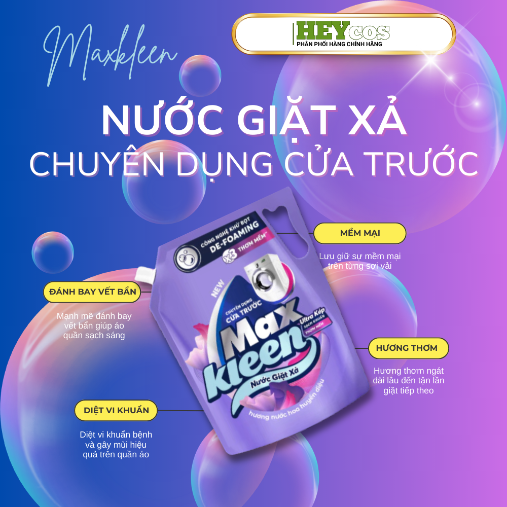  Túi Nước Giặt Xả MaxKleen 3.6kg Chuyên Dụng Cửa Trước – Hương Nước Hoa Huyền Diệu | HEYCOS 