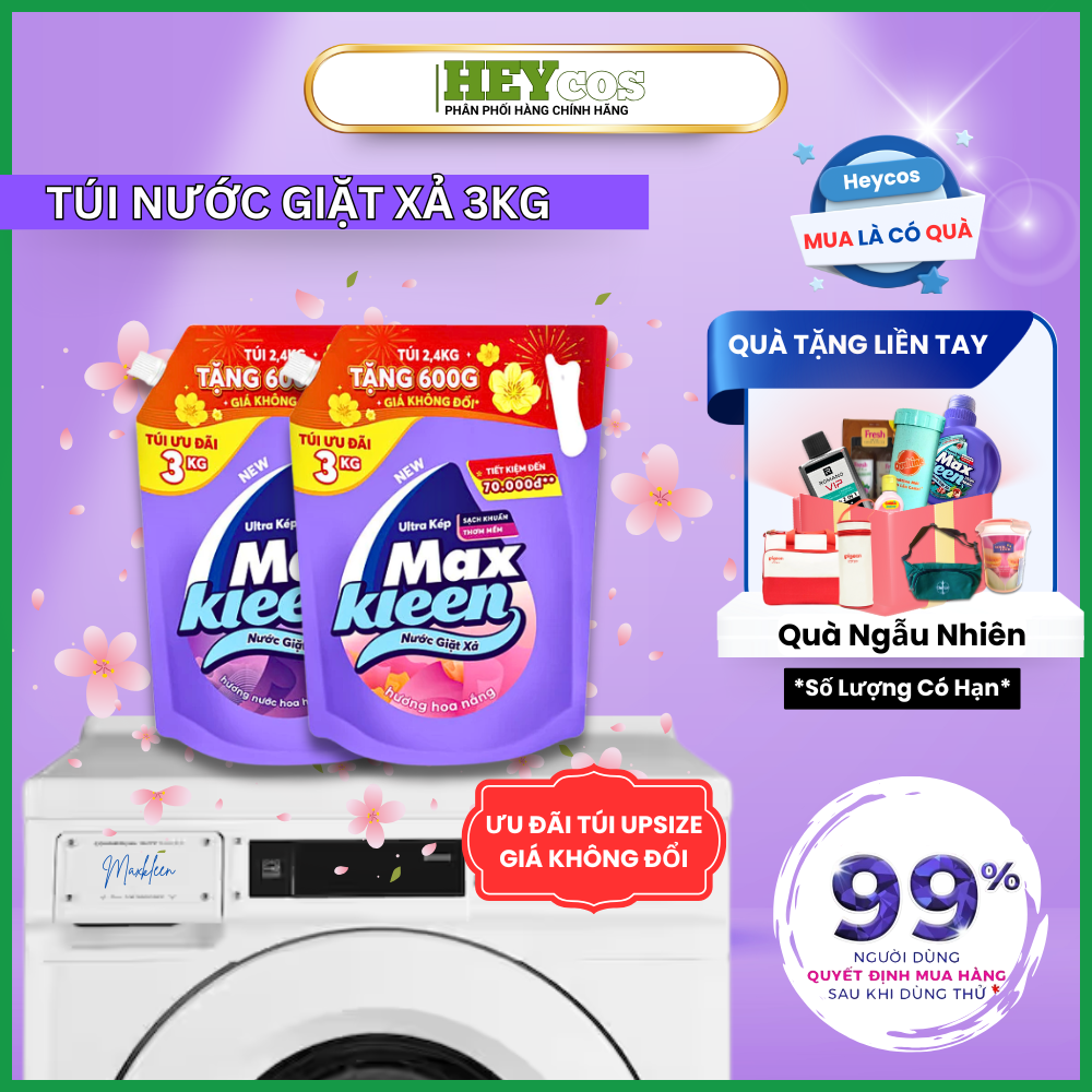  [Túi Nước Giặt Xả MaxKleen 3kg Hương Nước Hoa Huyền Diệu/ Hoa Nắng | HEYCOS 