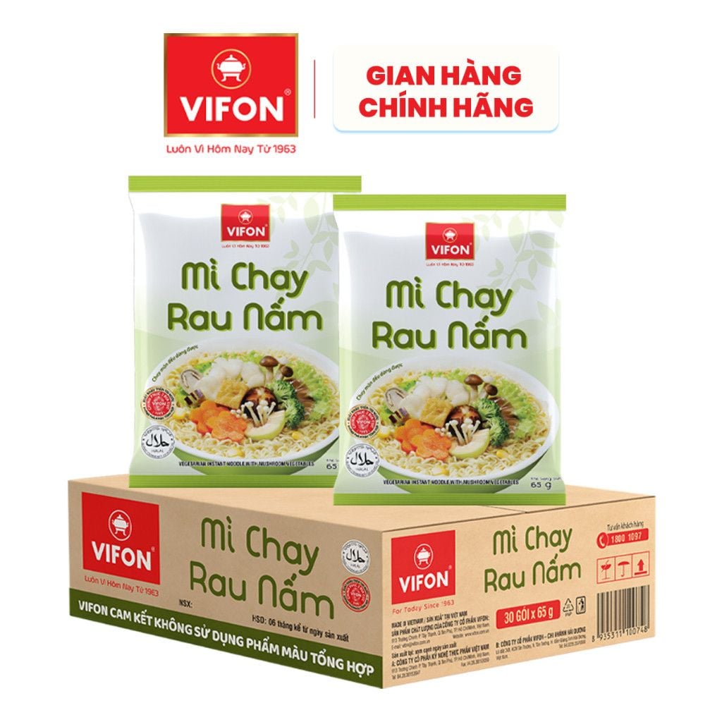 [CHÍNH HÃNG] Thùng 30 Gói Mì Chay Rau Nấm VIFON 65g Vị Ngon Thanh Nhẹ Không Phẩm Màu Tổng Hợp 