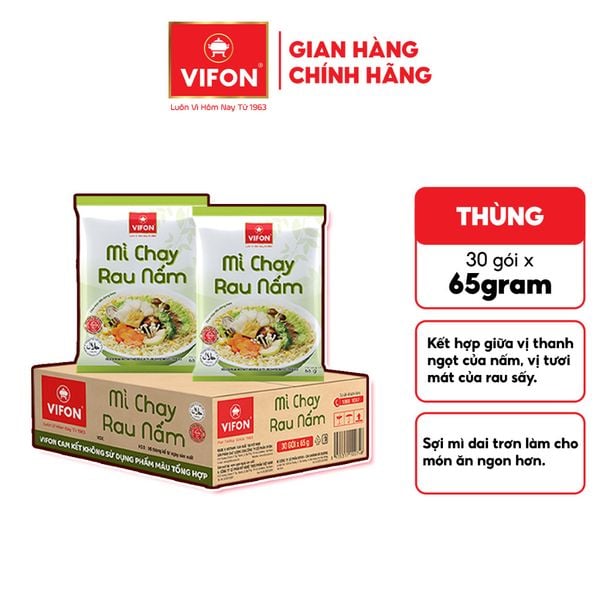 [CHÍNH HÃNG] Thùng 30 Gói Mì Chay Rau Nấm VIFON 65g Vị Ngon Thanh Nhẹ Không Phẩm Màu Tổng Hợp 