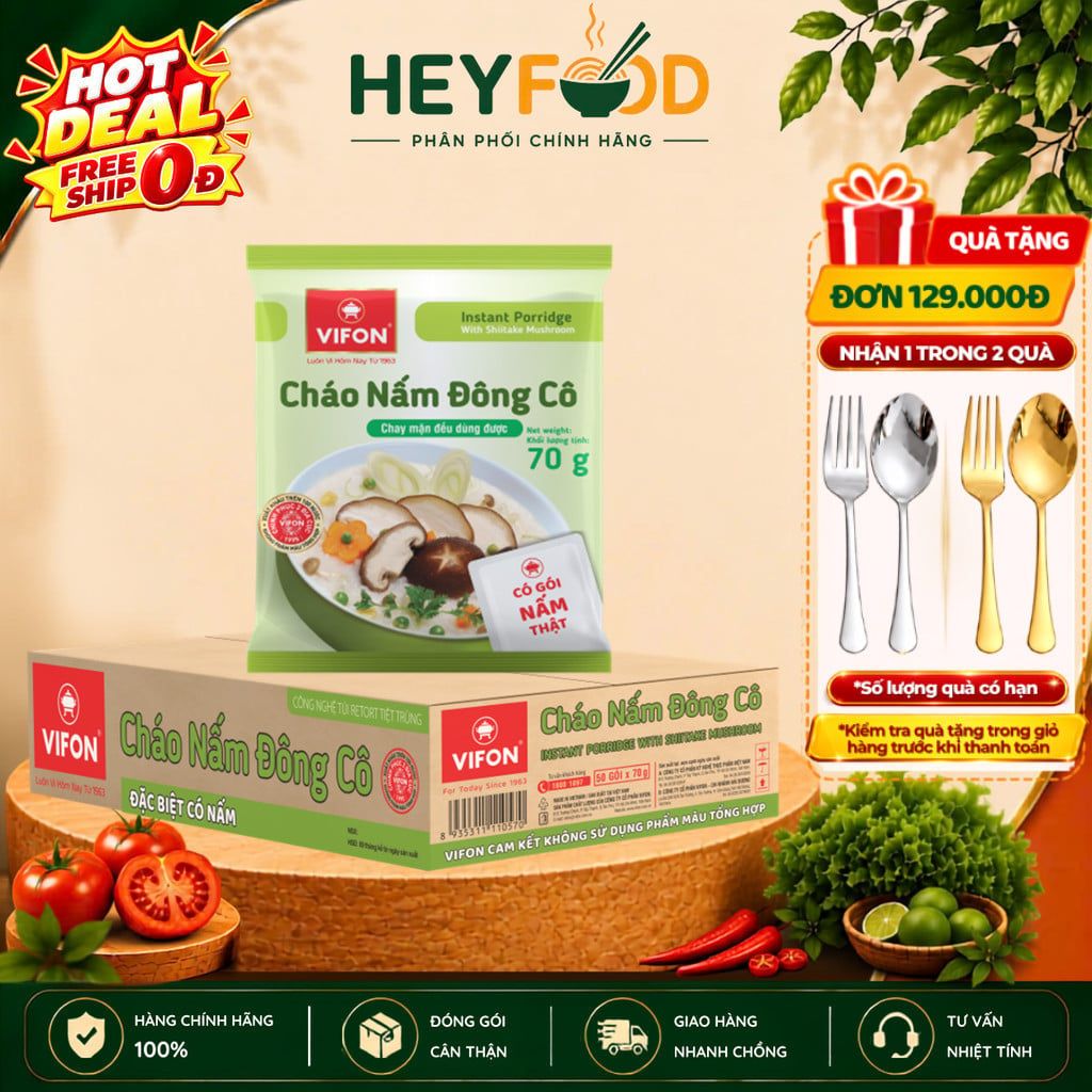  Thùng 50 Gói Cháo Nấm Đông Cô VIFON 70gr - Có Gói Nấm Thật 