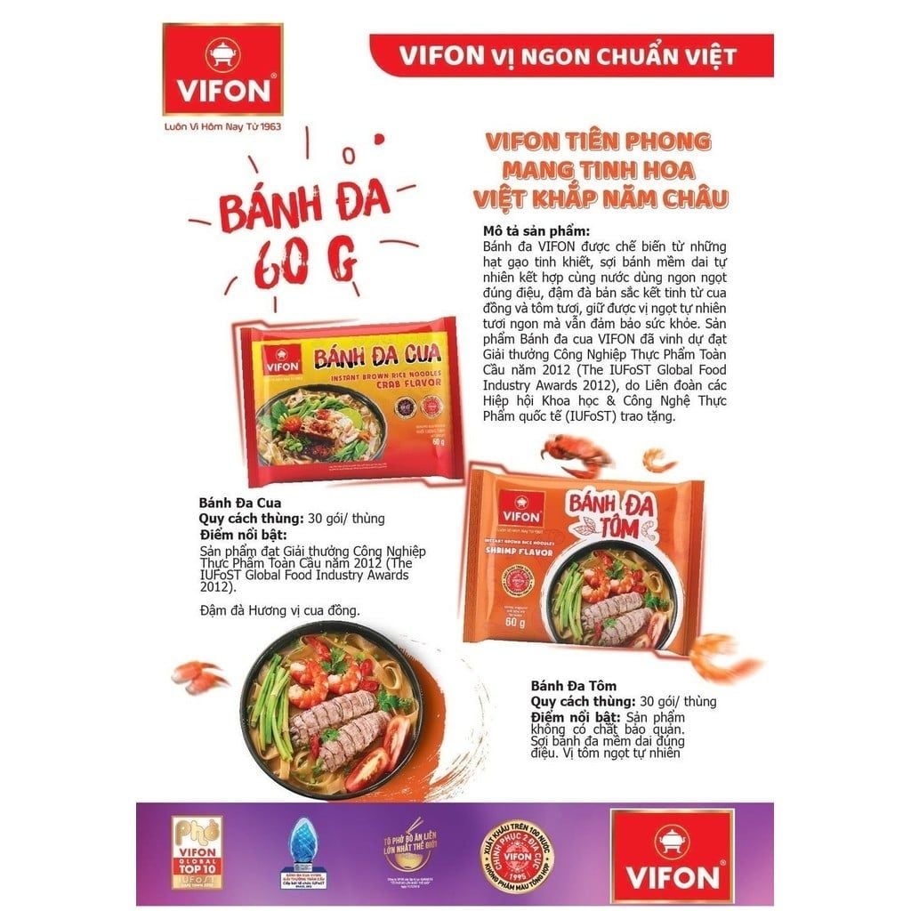  Thùng 30 Gói Bánh Đa Cua VIFON 60g - Vị Cua Đồng Sợi Dai 