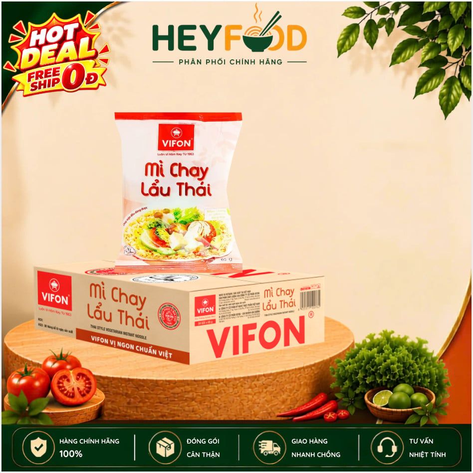  [CHÍNH HÃNG] Thùng 30 Gói Mì Chay Lẩu Thái/ Rau Nấm VIFON - Sợi Mì Giòn Trơn, Thơm Ngon 65g/Gói 