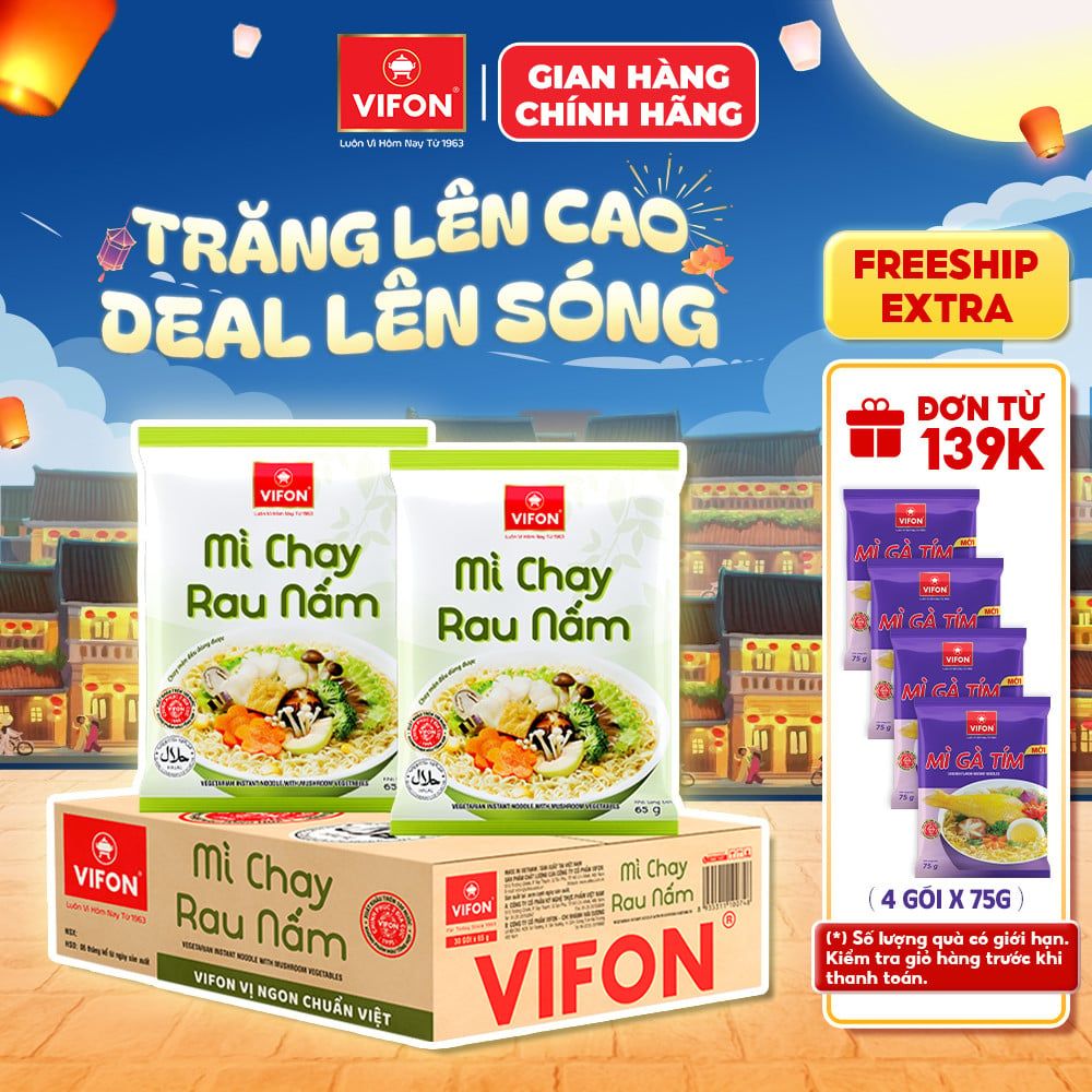  [CHÍNH HÃNG] Thùng 30 Gói Mì Chay Lẩu Thái/ Rau Nấm VIFON - Sợi Mì Giòn Trơn, Thơm Ngon 65g/Gói 
