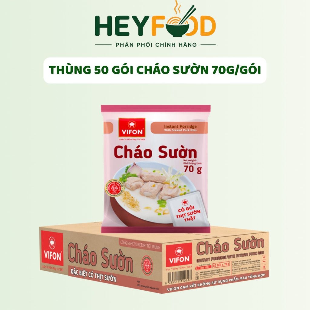  Thùng 50 Gói Cháo Thịt Gà/Bằm/Cháo Sườn/Nấm Đông Cô/Trứng Muối/Thịt Bò VIFON - Thịt Thật 70g/Gói 