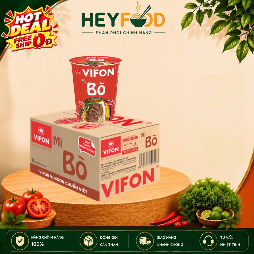  Thùng 24 Ly Mì Bò Vifon 60g/Ly - Mì ly ăn liền tiện lợi 