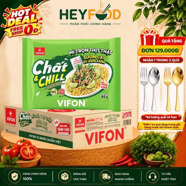  Thùng 24 Gói Mì Trộn Thịt Thật Sườn Cay Ớt Xiêm Xanh VIFON 85gr - Đậm Vị, Tiện Lợi 