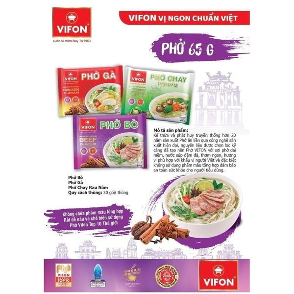  Combo 5 Gói Phở Vifon Ăn Liền Vị Bò 65g - Sợi Dai Nước Dùng Đậm Đà 