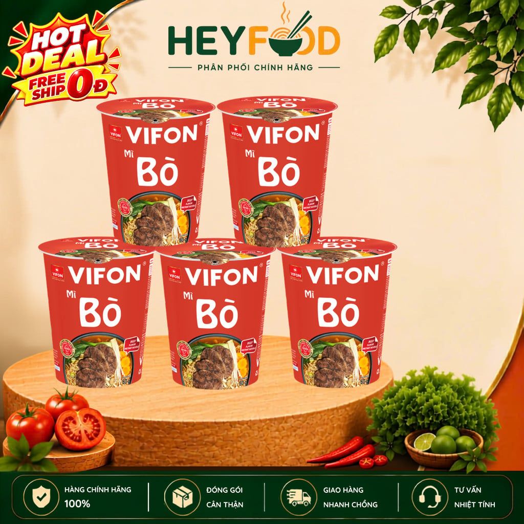  Combo 5  Ly Mì Bò Vifon 60g/Ly - Mì ly ăn liền tiện lợi 