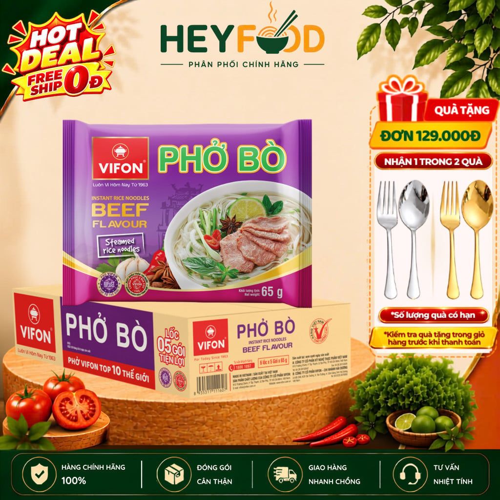  Thùng 30 Gói Phở Vifon Ăn Liền Vị Bò 65g - Sợi Dai Nước Dùng Đậm Đà 