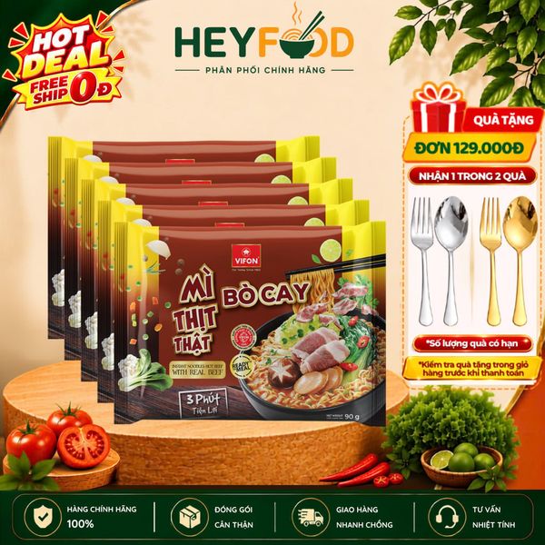 Combo 5 Gói Mì Bò Cay Thịt Thật VIFON 90g - Có Gói Thịt Bò Thật 