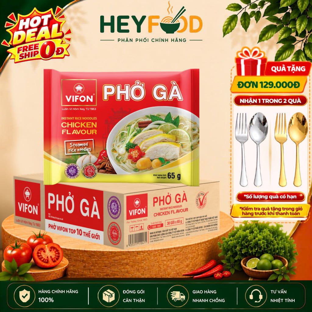  Thùng 30 Gói Phở Vifon Ăn Liền 65g Vị Gà - Sợi Dai Nước Dùng Đậm Đà 