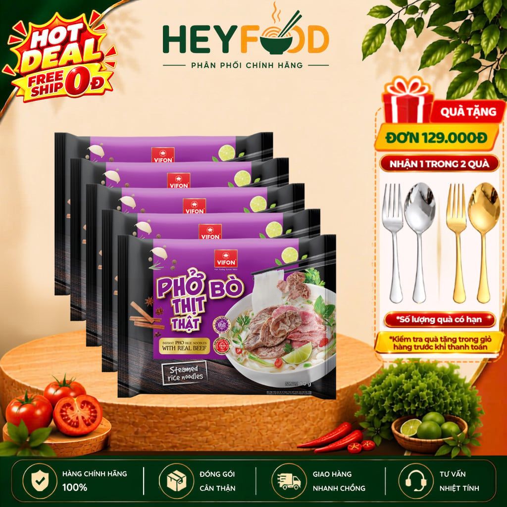  Combo 5 Gói Phở Thịt Thật VIFON 90gx5 - Vị Bò Có Gói Thịt Nguyên Chất 24g 