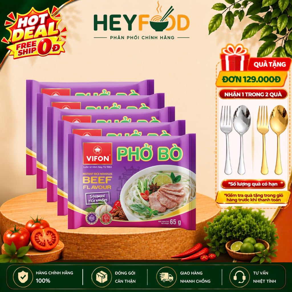  Combo 5 Gói Phở Vifon Ăn Liền Vị Bò 65g - Sợi Dai Nước Dùng Đậm Đà 