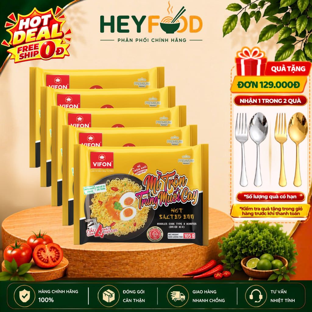  Combo 5 Gói Mì Nấu Mì Trộn Trứng Muối Cay VIFON - 105g/Gói 