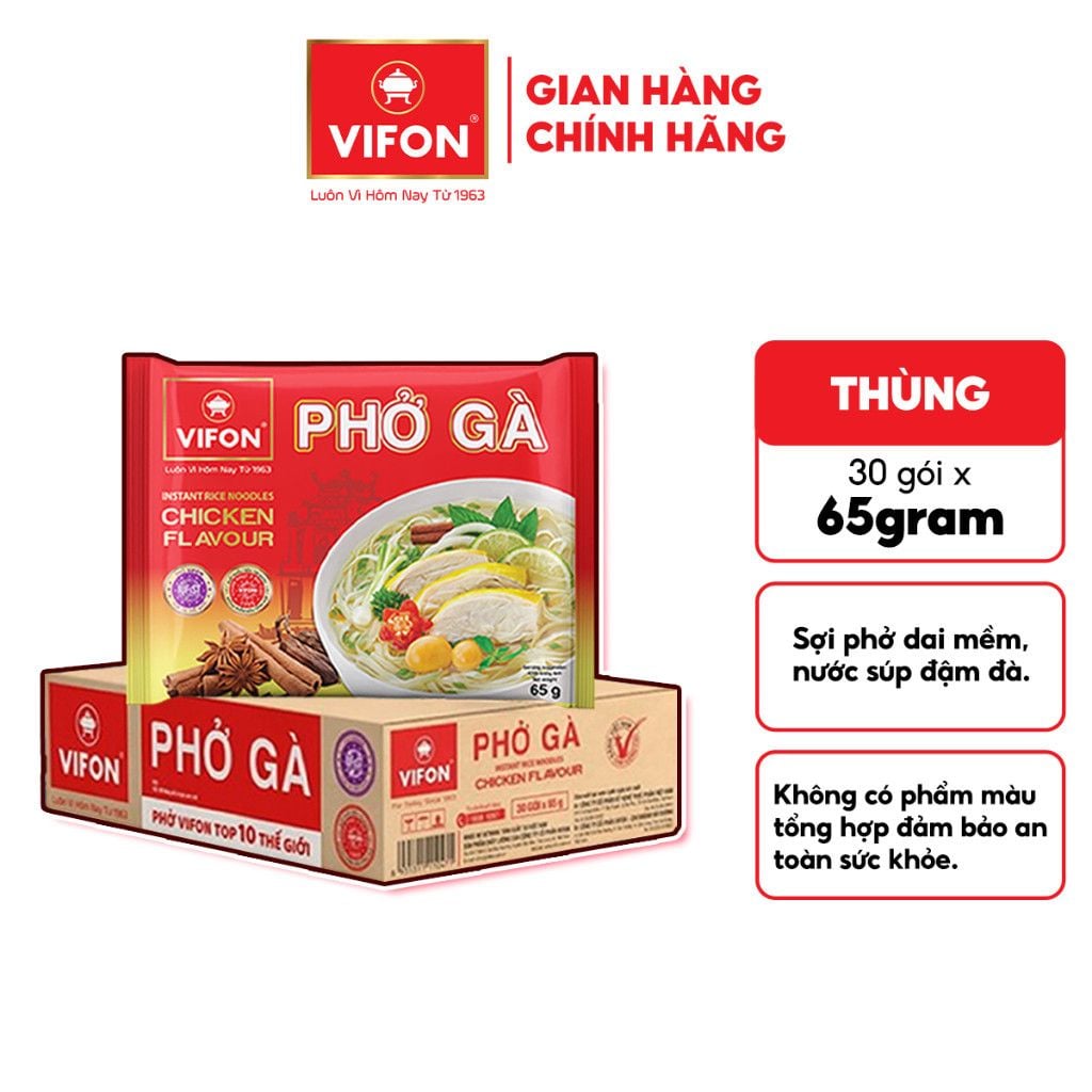  Thùng 30 Gói Phở Vifon Ăn Liền 65g Vị Gà - Sợi Dai Nước Dùng Đậm Đà 