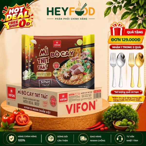  Thùng 24 Gói Mì Bò Cay Thịt Thật VIFON 90g - Có Gói Thịt Bò Thật 