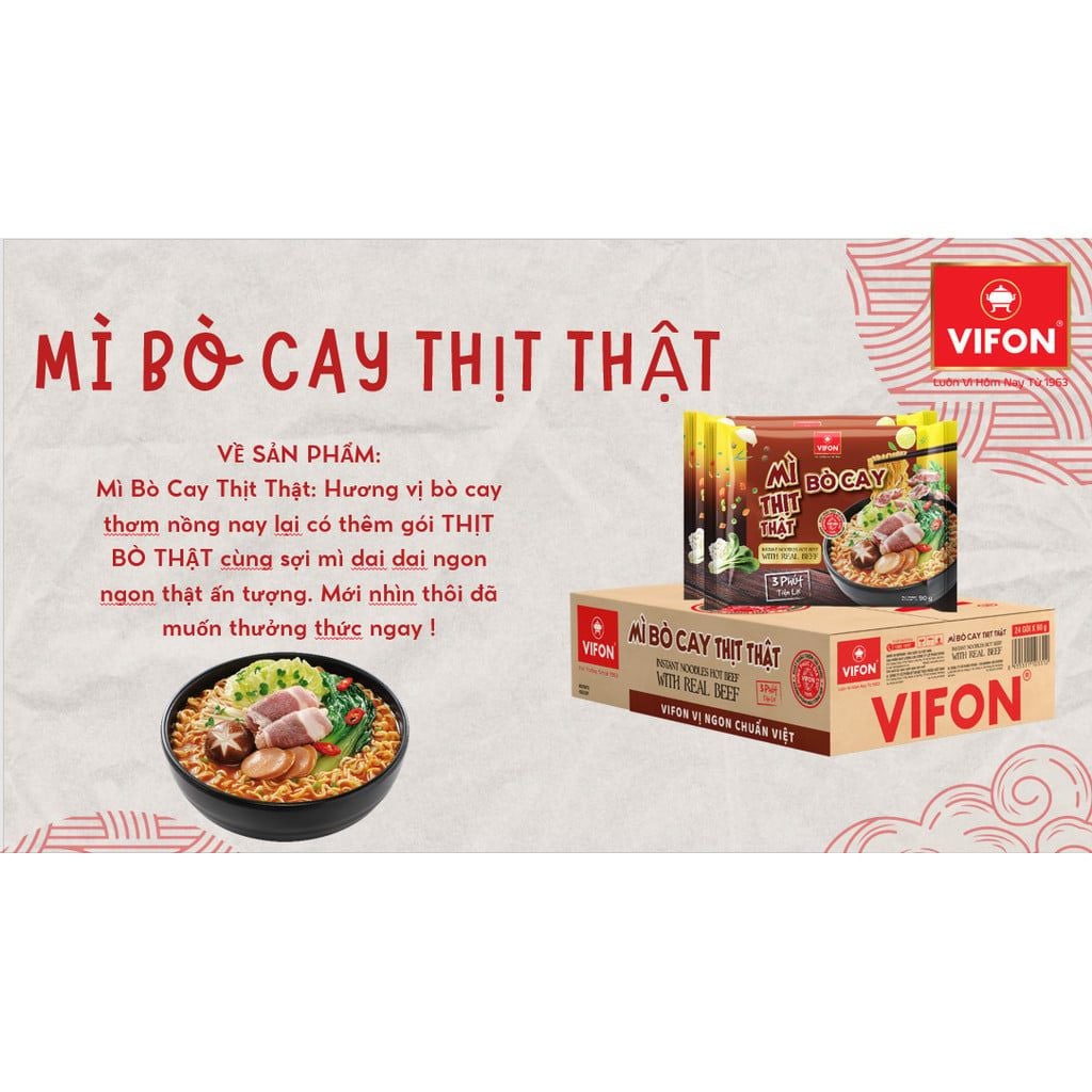  Thùng 24 Gói Mì Bò Cay Thịt Thật VIFON 90g - Có Gói Thịt Bò Thật 