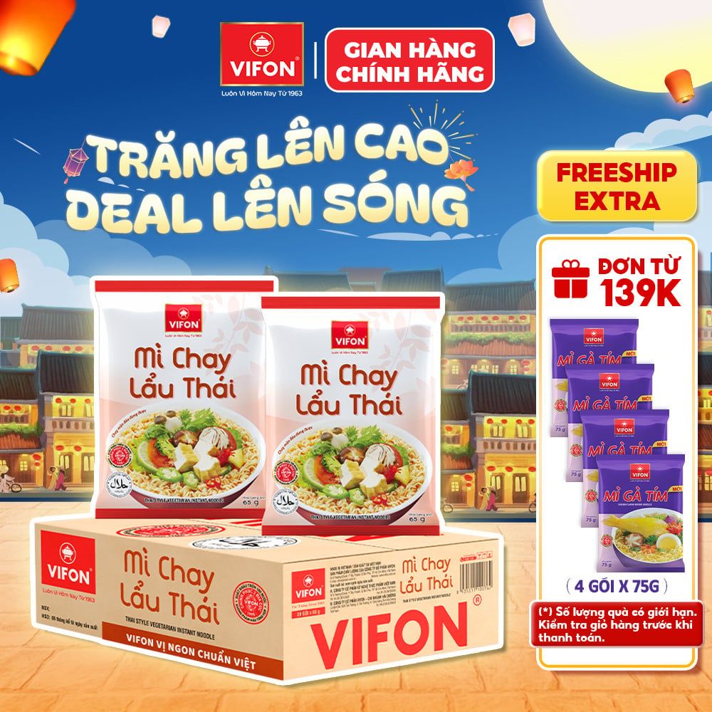 [CHÍNH HÃNG] Thùng 30 Gói Mì Chay Lẩu Thái/ Rau Nấm VIFON - Sợi Mì Giòn Trơn, Thơm Ngon 65g/Gói 