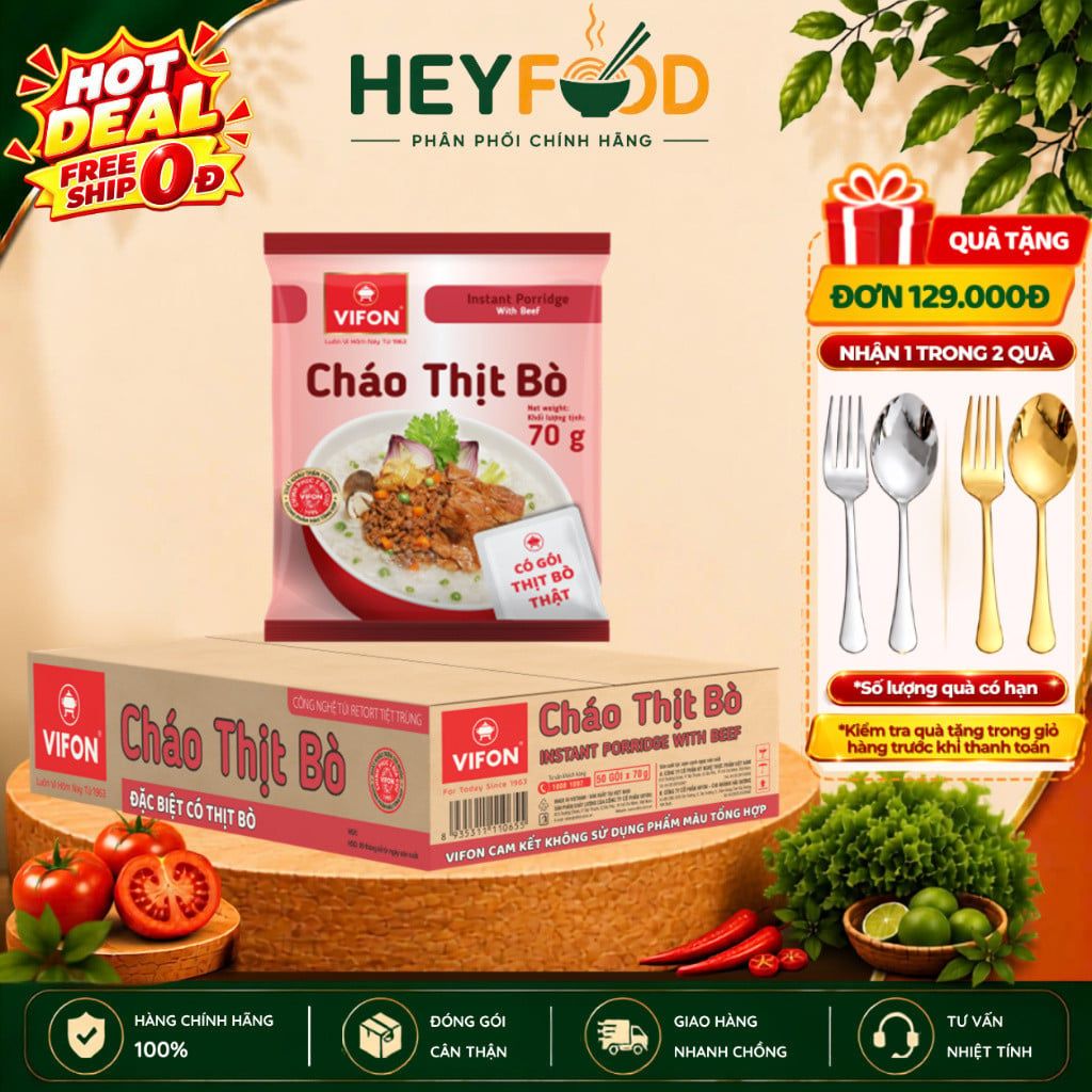  Thùng 50 Gói Cháo Thịt Gà/Bằm/Cháo Sườn/Nấm Đông Cô/Trứng Muối/Thịt Bò VIFON - Thịt Thật 70g/Gói 