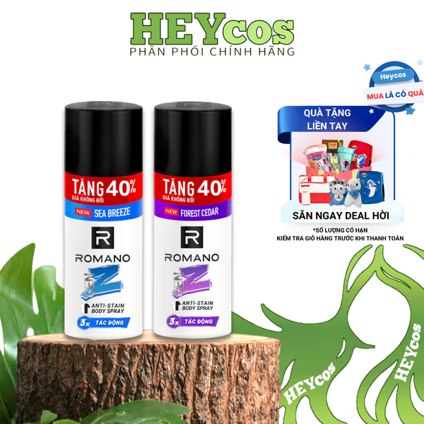  [TĂNG 40% DUNG TÍCH] Xịt khử mùi cho nam ngăn vệt ố vàng Romano Gen Z 182ml 