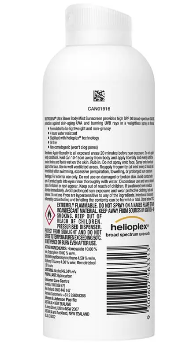 Neutrogena Ultra Sheer Body Mist Sunscreen SPF 50 140g