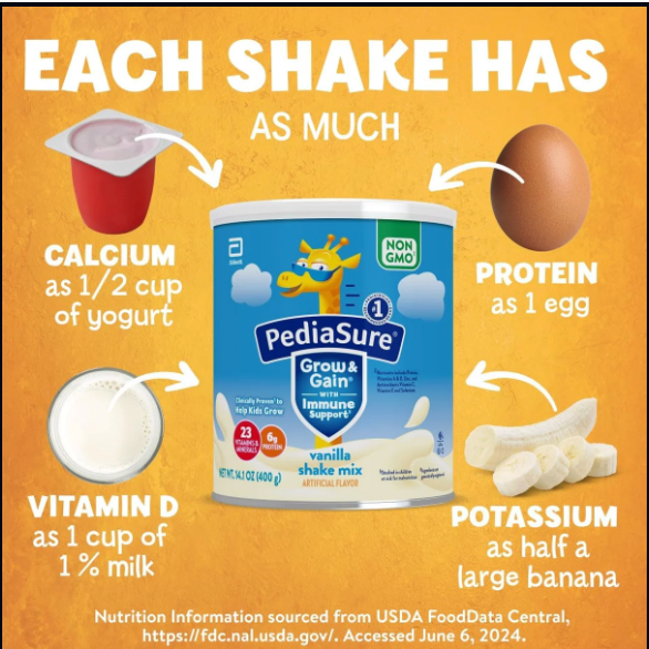 PediaSure Grow & Gain Vanilla Shake Mix Powder, Kids Protein Shake with Immune Support, 14.1 oz Can, Pack of 3 - 24 Servings