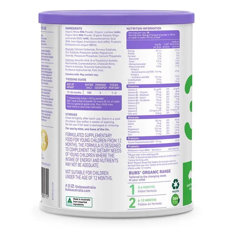 Sữa bột Bubs Bò số 3 cho bé từ 1-3 tuổi Bubs Organic Grass Fed Stage 3 Toddler Milk 800g