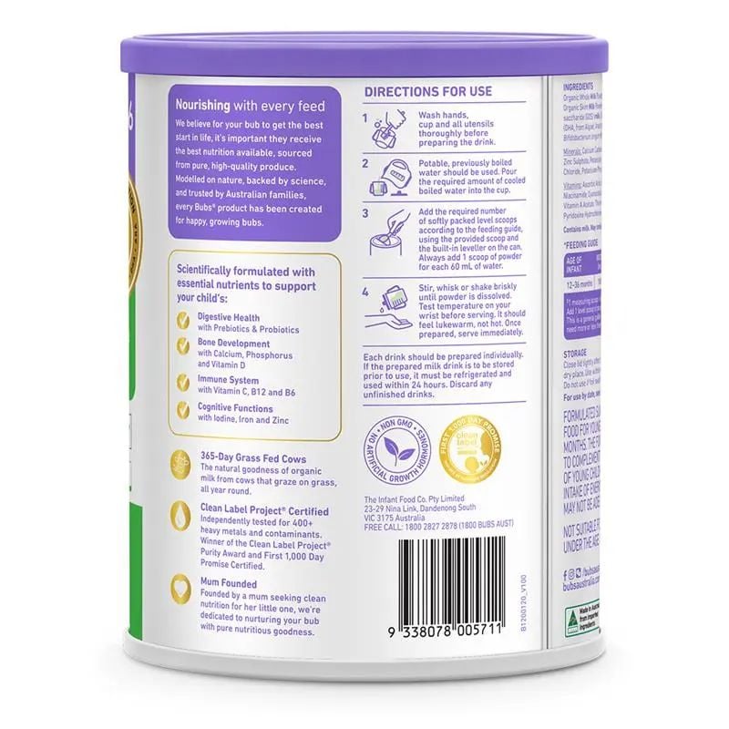 Sữa bột Bubs Bò số 3 cho bé từ 1-3 tuổi Bubs Organic Grass Fed Stage 3 Toddler Milk 800g