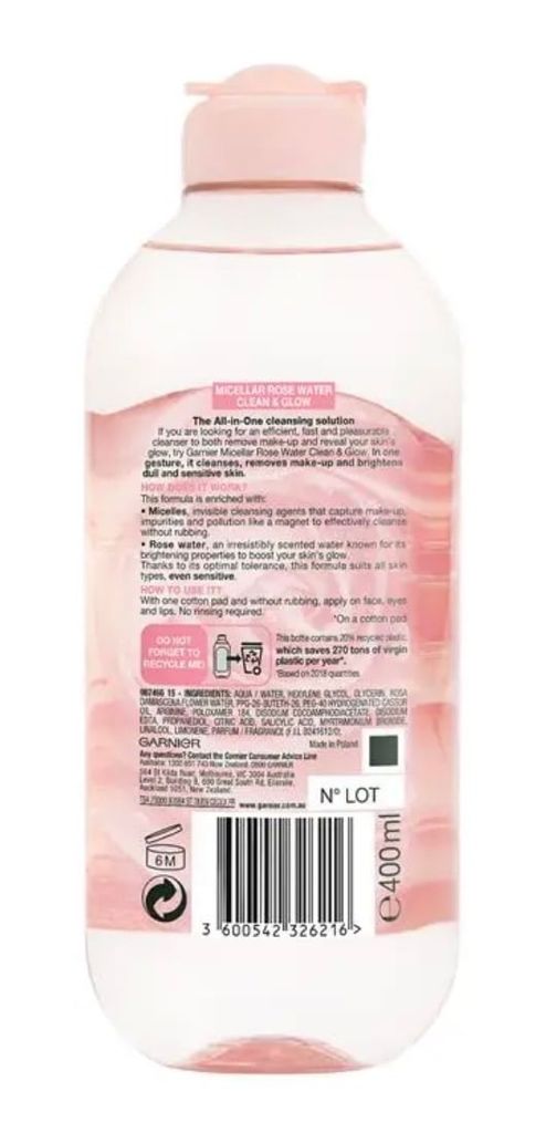 Garnier SkinActive Micellar Rose Cleansing Water Clean & Glow 400ml