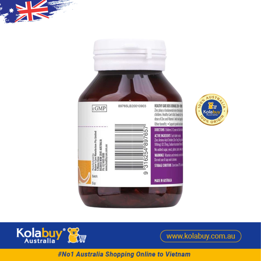 Viên nhai tăng đề kháng cho bé Healthy Care Kids Zinc + Vitamin C 60 viên