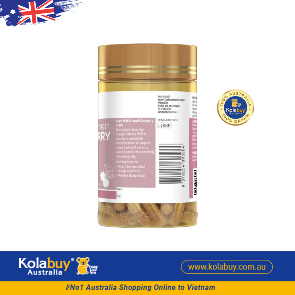 Viên uống bổ thận và đường tiết niệu Healthy Care Cranberry 25000mg 90 viên