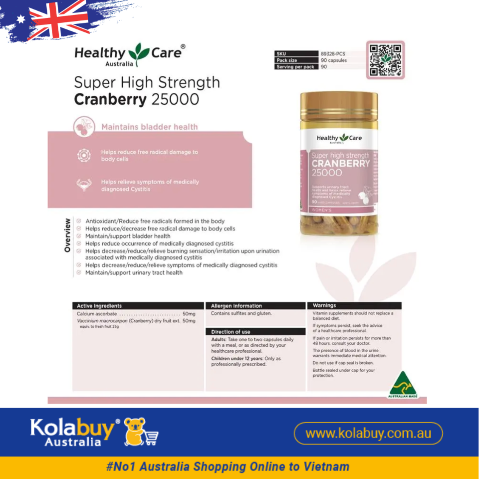 Viên uống bổ thận và đường tiết niệu Healthy Care Cranberry 25000mg 90 viên