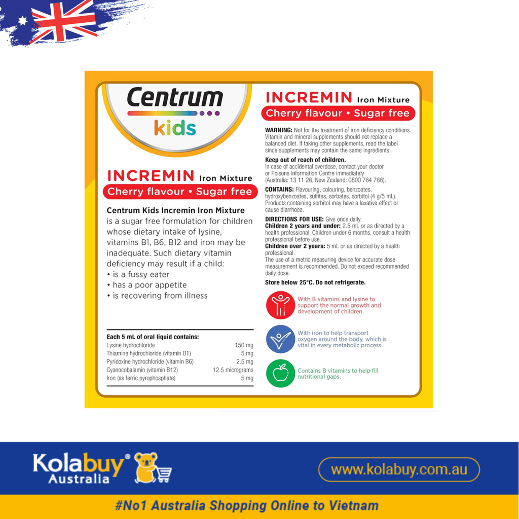 Siro cho trẻ biếng ăn Centrum Kids Incremin Iron Mixture Cherry Flavour 200mL